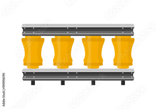 Vector illustration of yellow crash cushion barrels mounted on a guardrail used to absorb impact and improve highway safety.