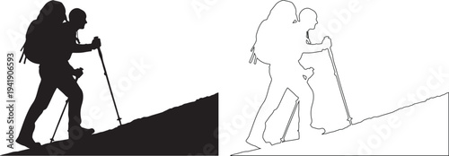 Hiker climbing steep slope with trekking poles and backpack silhouette