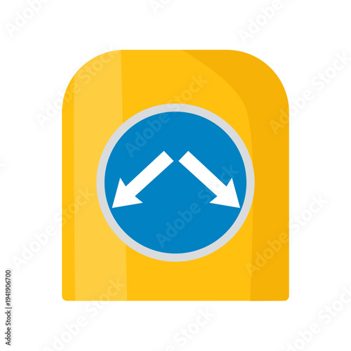 Vector illustration of a traffic island sign with two white arrows on blue background indicating vehicles may pass on either side.