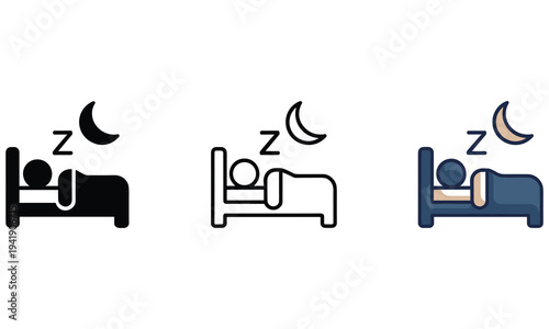 Person sleeping in bed at night vector graphic illustrations available in three distinct styles for sleep related designs and concepts
