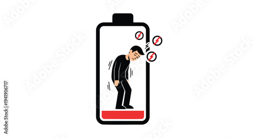 Vector illustration of a man exhausted on a mobile phone screen