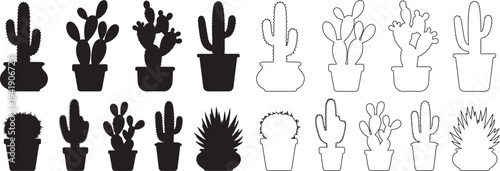 Collection of various cactus silhouettes and line art in pots