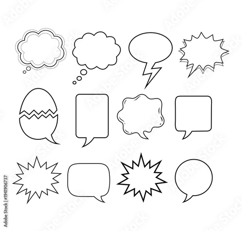 Comic style speech bubbles including explosive shout and cloud shapes.
