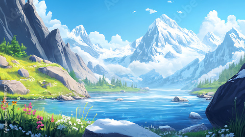 Beautiful Alpine Wilderness With Lake And Snowy Mountain Peaks high resolution picture