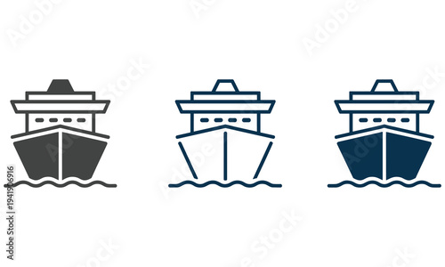 Cruise ship vector graphic illustration set featuring three different color variations of a luxury vessel sailboat symbolizing travel and adventure on the ocean with a clean minimalist design