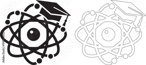 Black and white atom symbols with graduation cap on left