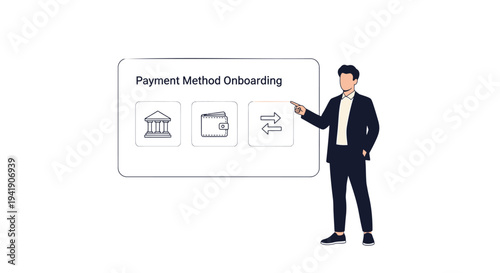 Vector illustration of businessman presenting payment method onboarding