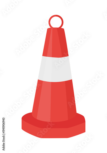 Vector illustration of a red traffic safety cone with white reflective stripe and top ring used for roadwork marking and traffic control.