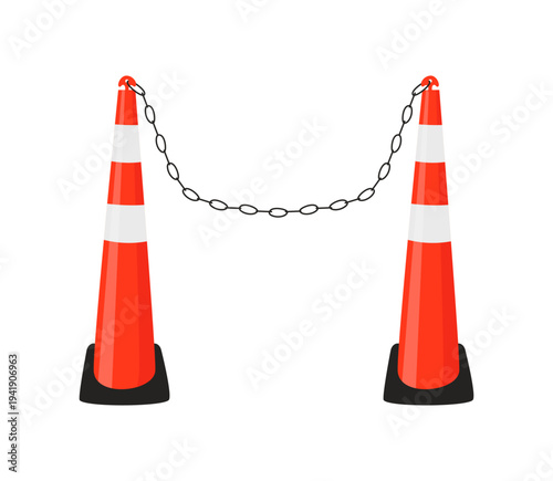 Vector illustration of two traffic cones connected by a chain used to mark restricted areas and provide road safety control.