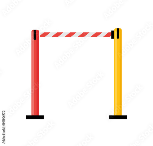 Flat vector illustration of a traffic restriction barrier between two colored posts used to control access to roadwork or restricted areas.