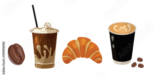 Coffee shop vector elements set. Iced latte, takeaway cup, croissant and coffee bean isolated on white.