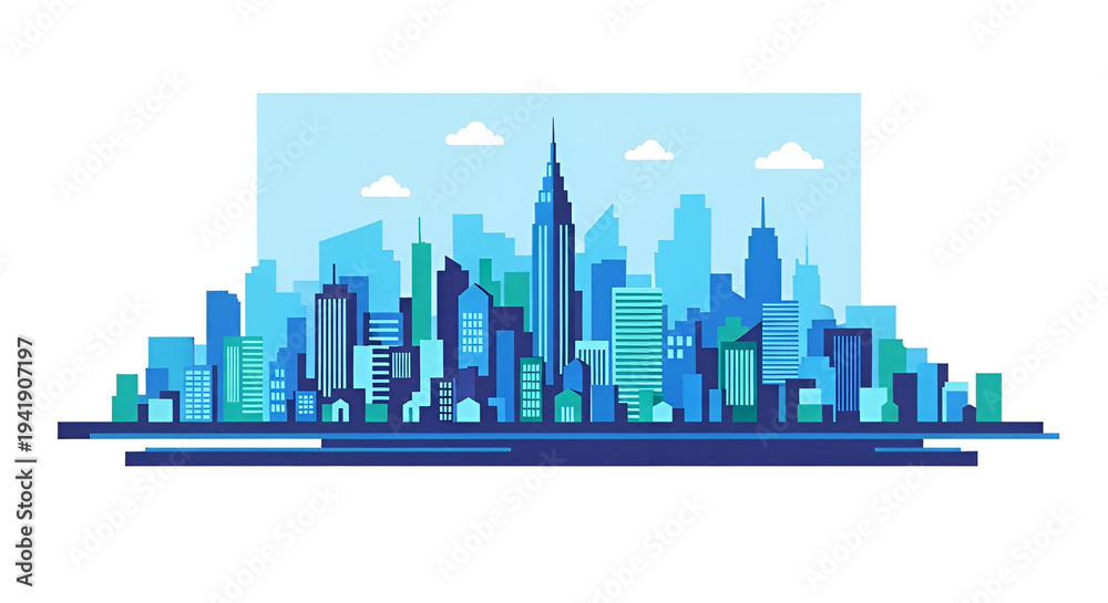 Fototapeta premium Blue cityscape skyline with skyscrapers and clouds in a modern urban landscape scene.