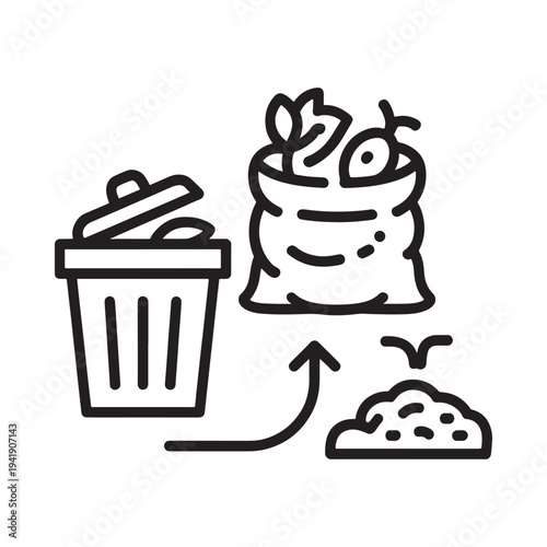 Composting process illustrated with organic waste bin and resulting soil