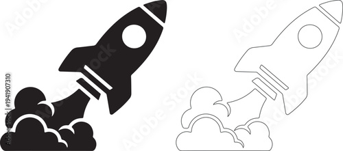 Black and white line art of rockets launching into space with clouds