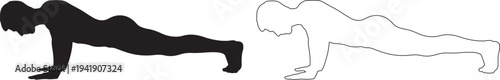 Black silhouette of man doing push up exercise with dotted line outline