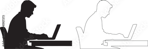 Silhouette of a man working on laptop with dotted line outline