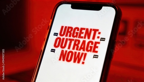 Smartphone screen displaying urgent outrage now text. Clickbait and sensationalism concept on social media. Close up of mobile device with red alarmist lighting