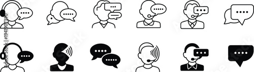 Black and white of people with speech bubbles and headsets representing communication and customer service