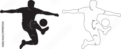 Silhouette of soccer player kicking ball with outline version