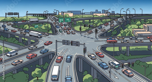 Complex Road Intersection with Multiple Lanes and Overpasses Illustration.