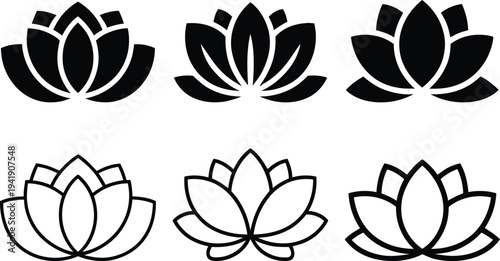 Six distinct lotus flower designs showcasing various artistic interpretations and styles