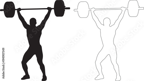 Black silhouette and white outline of man lifting weights with barbell