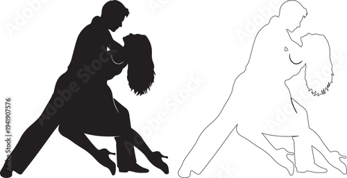 Vector illustration of a dancing couple in silhouette and outline