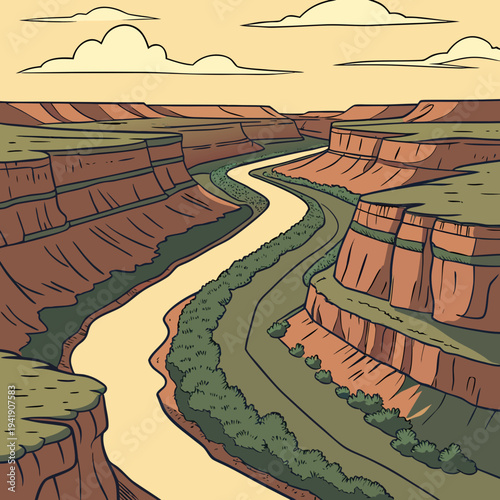 Panoramic illustration of a desert river canyon with warm colors and layered terrain