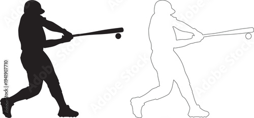 Black silhouette and dotted line illustration of baseball player hitting ball