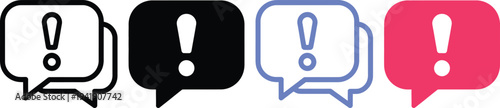 Four different colored exclamation mark symbols in speech bubbles on a white background