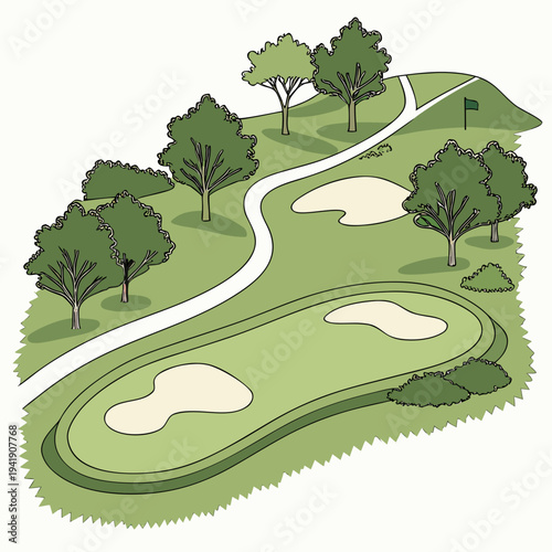 An artist's drawing of a scenic golf course hole with sand traps, trees, and a flag on a green mound