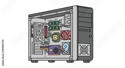 An isolated, detailed view of an open desktop computer tower clearly displays its intricate internal components, including the motherboard, RAM, and fans.