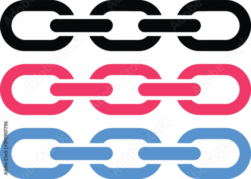 Three colorful chain links in black, red, and blue against a white background
