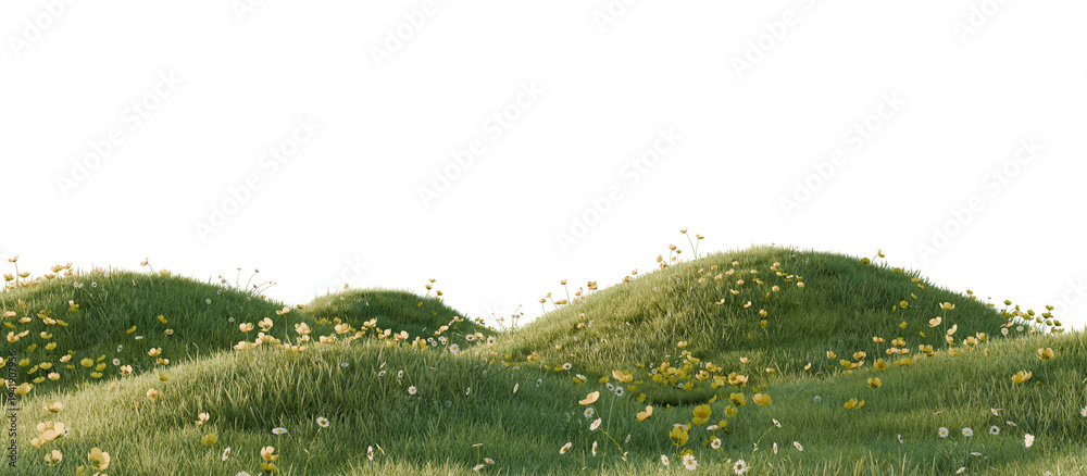 Naklejka premium A green hill blooming with yellow and blue flowers in spring. 3D rendering. 