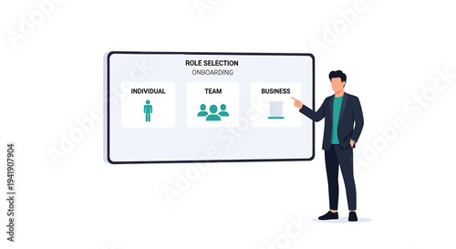 Vector illustration of businessman presenting role selection options on screen