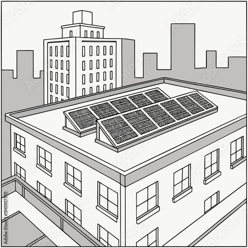 Modern city skyline with solar panels on a building rooftop for clean energy innovation and sustainable urban development
