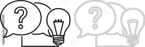 Black and white line art of light bulbs with question marks