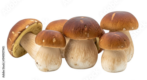 A group of brown mushrooms with white stems isolated on transparent background