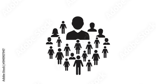 Group of people forming a circle with a leader figure.