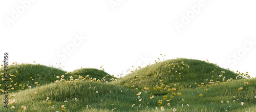 A green hill blooming with yellow and blue flowers in spring. 3D rendering.	