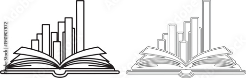 City skyline emerging from open books in a line drawing style