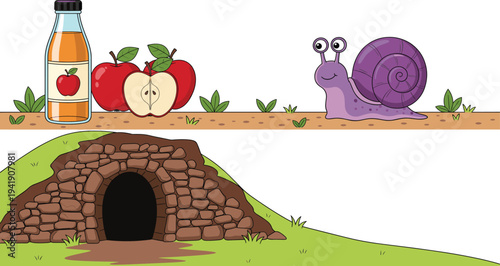 Flat Vector Illustration Set of Apple Juice Bottle, Fresh Red Apples, Cute Purple Snail and Stone Cave Isolated on White Background