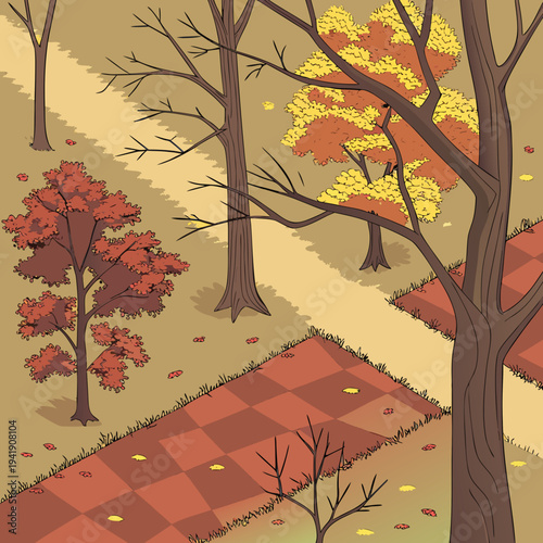 Autumn forest scene with colorful trees and fallen leaves on checkered pathways, rendered in an isometric style