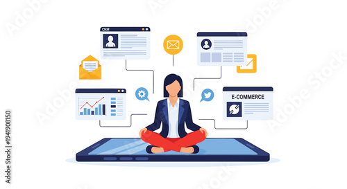 Vector illustration of woman meditating with e-commerce and finance icons