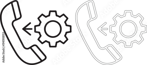 Black and white illustration of telephones with gear icons for communication and settings