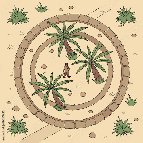 Top-down view of a circular desert oasis with palm trees and a lone person walking