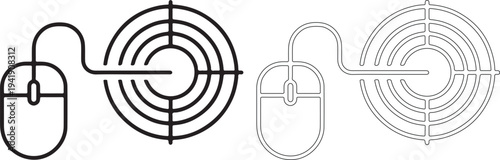 Black and white line art of computer mouse and target design elements