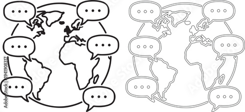 Black and white illustration of global communication with speech bubbles around the world