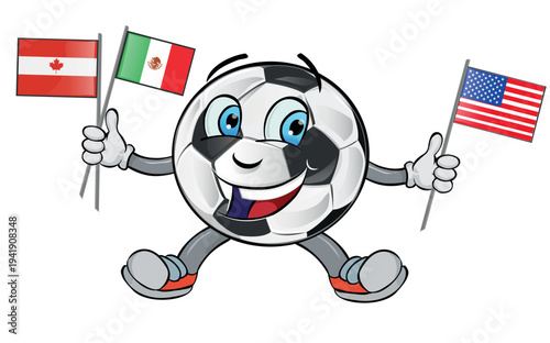 A cartoon soccer ball waving the flags of the United States, Canada, and Mexico.vector illustration