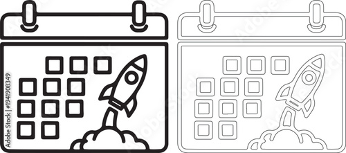 Black and white illustration of a rocket on calendar pages for kids